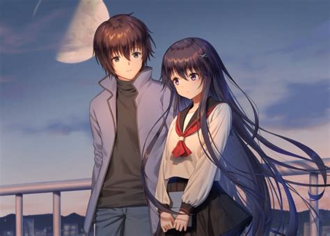 Wallpaper Anime Couple Romance Moon School Uniform Cuteness