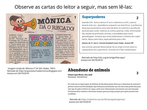 Cartas do leitor Conhecendo a estrutura o gênero Planos de aula º ano Língua Portuguesa