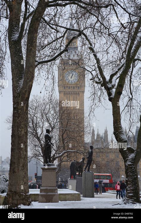Big Ben On Parliament Square In A Snowy Wintery Scene In London