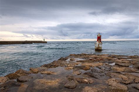 Seascape With Two Lighthouses A Cloudy Afternoon Stock Image Image