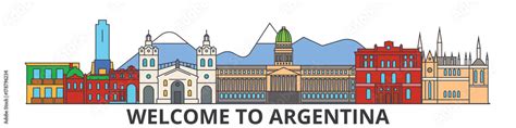 Argentina Outline Skyline Argentinian Flat Thin Line Icons Landmarks