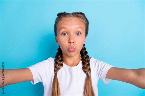 Photo Of Young Little Girl Pouted Lips Send Kiss Romance Shoot Selfie
