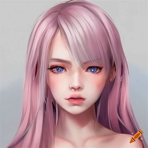 Realistic Portrait Of An Anime Girl With Platinum Blonde Hair And Grey Eyes