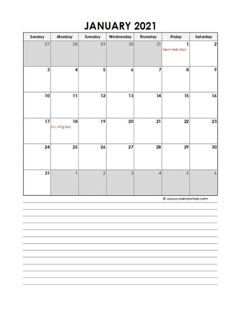 2021 Monthly Calendar Template Excel January 2021