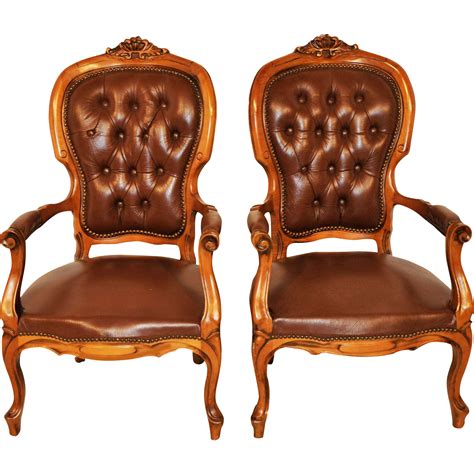 French Provincial Pair of Leather Arm Chairs, Tufted Back, Walnut from ...
