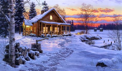Log Cabin Art Wallpaper Download Christmas Hd Wallpaper