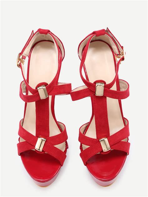 Faux Red Suede Strappy Platform High Heel Sandals Sheinsheinside