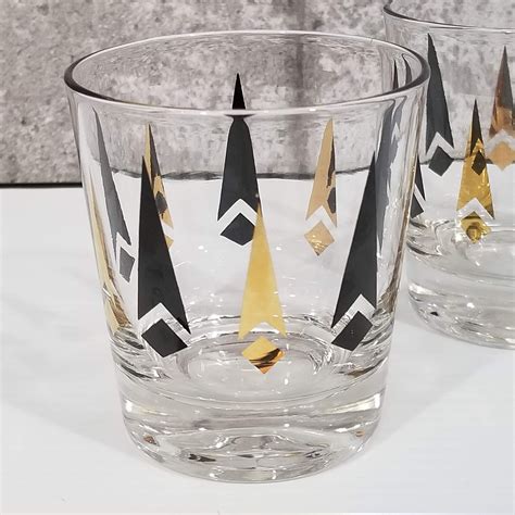 Mid Century Whiskey Rock Glasses With Black And Gold Diamonds And Arrows Atomic Set Of 2