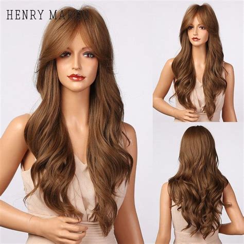 Ombre Brown Blonde Wig Long Deep Wavy Synthetic Wig With Bangs For Women Cosplay Party Heat