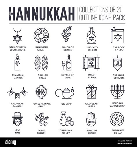 Set Of Hanukkah Decor And Attributes Thin Line Icons On White Jewish