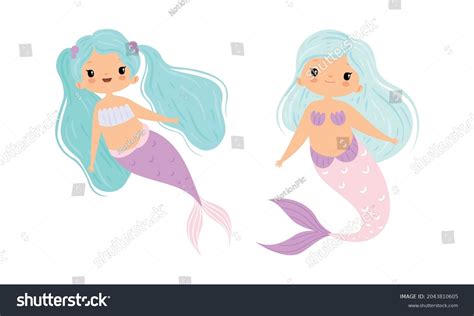 Cute Mermaid Waving Hair Floating Underwater Stock Vector Royalty Free