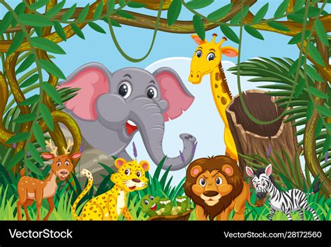 Cute Animals In Jungle Scene Royalty Free Vector Image