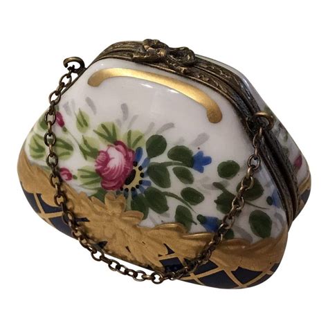 Limoges Hand Painted Porcelain Hinged Trinket Box Purse Form Hand