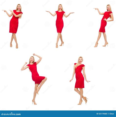 The Woman In Red Dress On White Stock Image Image Of Cheerful