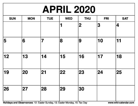 Download Blank Template For April 2020 Calendar Free Printable April