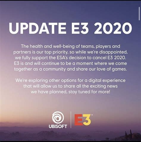 This marks the first time that the annual electronic entertainment expo (e3) citing concerns over the growing spread of coronavirus, the entertainment software association (the group behind the expo) will make an official. E3 2020 canceled due to coronavirus (Ubisoft announcement) : gamingnews