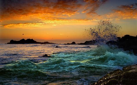 Waves Rock Ocean Sunset Nature Wallpapers Hd Desktop
