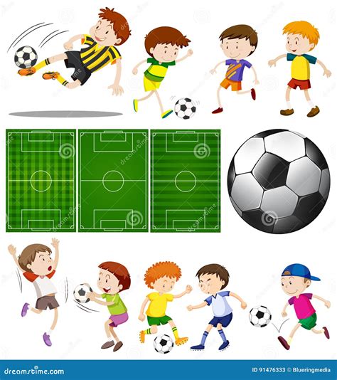 Football Players In Different Actions And Football Fields Stock Vector