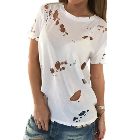 Women T Shirt 2018 Summer Holes Fashion Sexy Black White Cotton Short Sleeve Ripped Tops Shirts