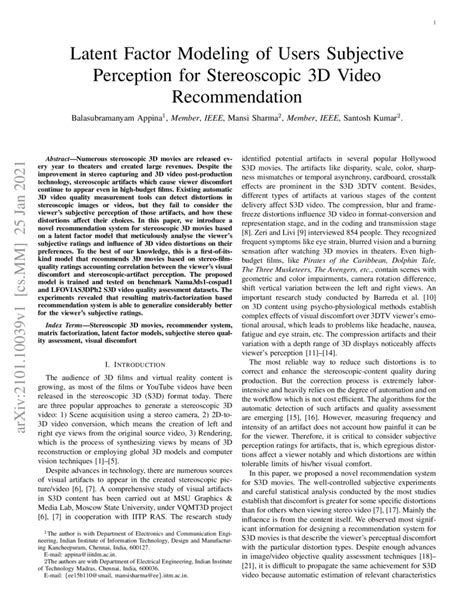 Latent Factor Modeling Of Users Subjective Perception For Stereoscopic