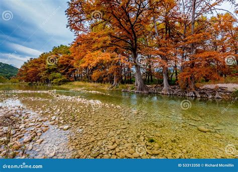 Autumn Trees On The Clear Gravely Frio River Texas Stock Photo Image