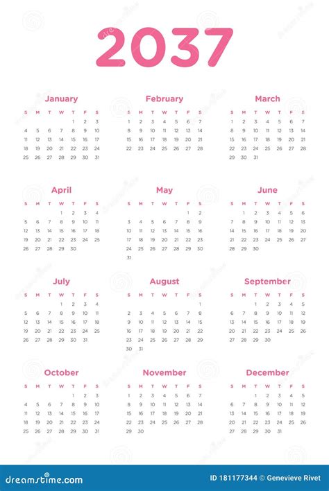 Annual Calendar For 2037 Stock Vector Illustration Of Week 181177344