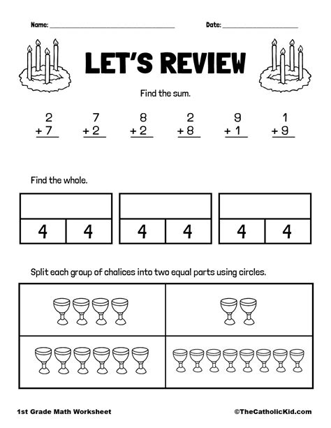 Addition And Fraction Review 1st Grade Math Worksheet Catholic
