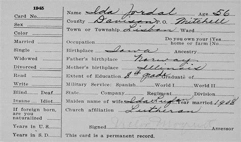 Jordal Ancestry 1945 South Dakota Census Alfred Jordal