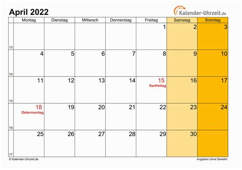 April 2022 Kalender Mit Feiertagen