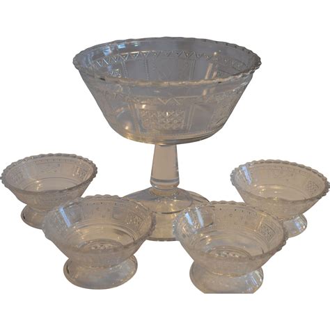 Antique Glass Compote And Berry Bowls ~ Eapg ~ Panels Of Forget Me Nots Regal ~ Bryce Brothers