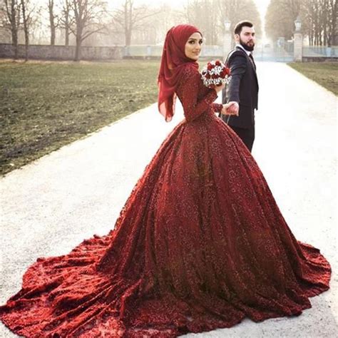 Red Islamic Long Sleeve Muslim Wedding Dress With Hijab Lace Wedding Gowns Bride Dresses Turkey