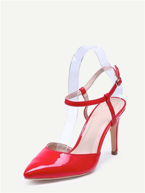 Red Pointed Toe Slingback Ankle Strap Pumps Sheinsheinside