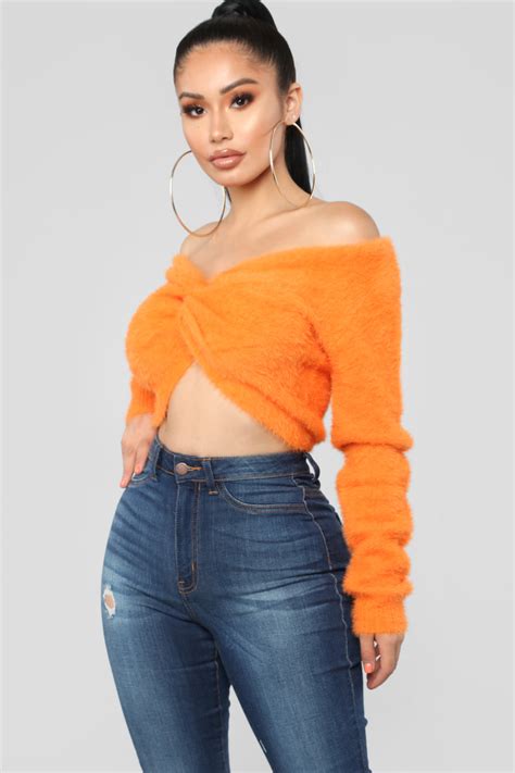 Bend And Snap Fuzzy Cropped Sweater Orange Sweaters Fashion Nova