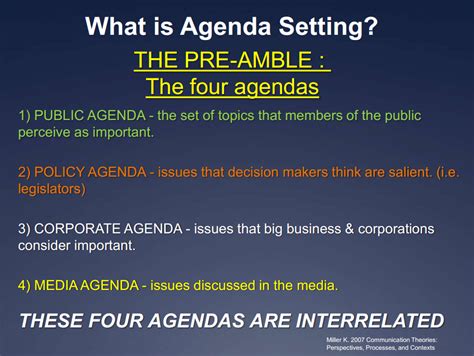 Agenda setting agenda setting theory was proposed by maxwell mccombs and donald shaw in 1972. m.gleeson's Blog: JOUR 1111: Lecture 10: Agenda Setting