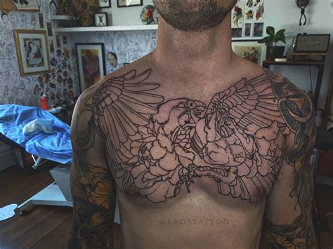 Neo Traditional Eagle And Heart Chest Tattoo Done By Akos Tattoo Full