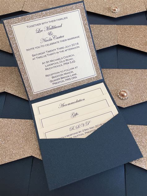 Midnight Blue And Champagne Glitter Pocketfold Invitations Personalised