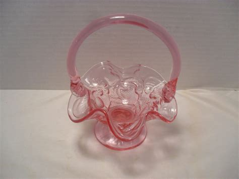 Fenton Pink Glass Basket With Strawberry Hearts Pattern
