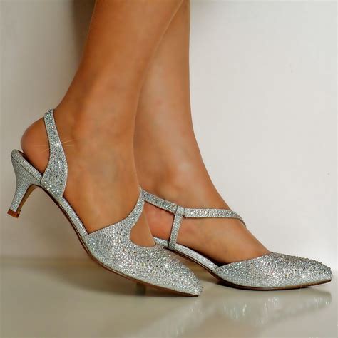 NEW DIAMANTE SILVER GOLD LOW KITTEN HEEL PROM EVENING BRIDAL SHOES