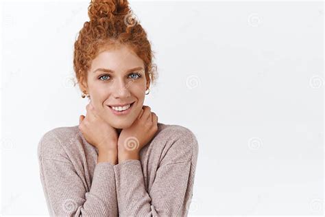 Close Up Feminine Tender And Sensual Redhead Curly Woman With Messy Bun Embrace Her Neck