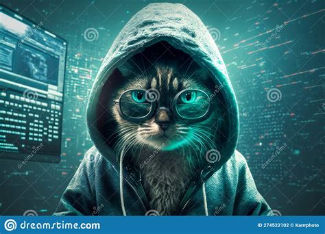 Cute Cat In Hoodie As Cybersecurity Hacker Wearing Vr Goggles In A