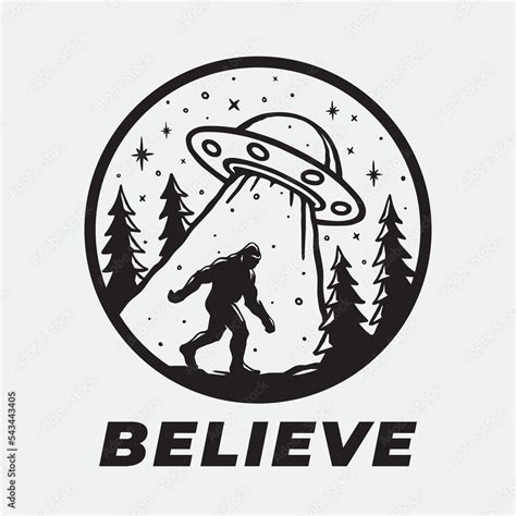 Bigfoot And UFO Sticker Design Sasquatch Alien Abduction Art Flying