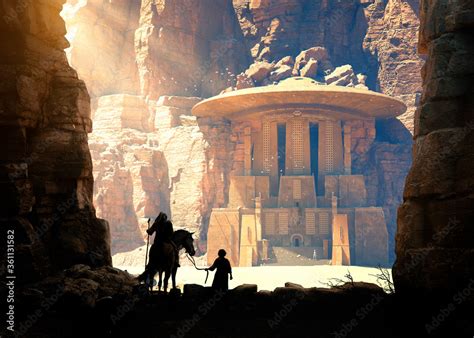 Stock Illustrationen Explorer And His Child Discover Ancient Temple