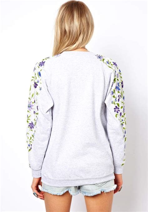 Grey Round Neck Floral Long Sleeve Sweatshirt Sheinsheinside