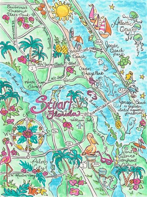 Watercolor Map Of Stuart Florida Etsy Watercolor Florida Map