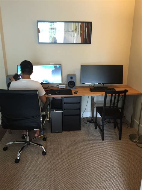 Another two person workstation that's perfect for those who need some division in their office, this desk comes with a shelf that runs down the middle so you can this desk fits both a workstation and shelving in one small area. Check out the most popular desks for two people: t shaped ...