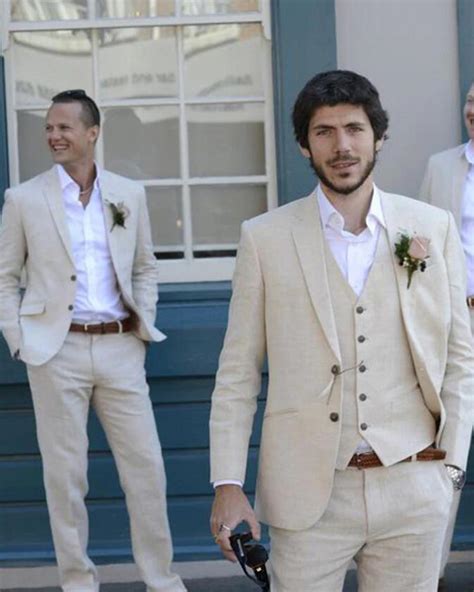 Classyby Beach Wedding Suits Men Linen Groomsmen Tuxedo