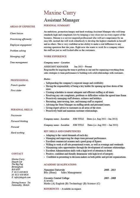 In the uk, the meaning of cv is the document you send to an employer when you apply for a job. Assistant manager CV template | Manager resume, Job ...