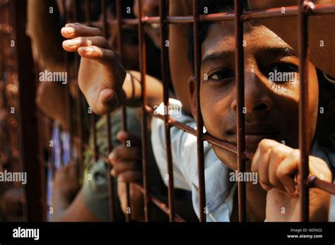 Young Boy Looking Through Bars Stock Photo Alamy