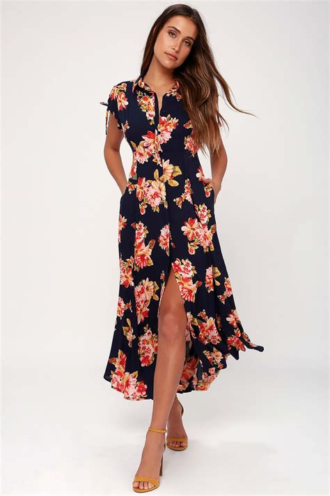 Im Worth It Navy Blue Floral Print Midi Dress Casual Dresses For