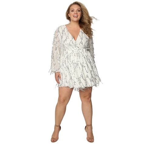 Astra Signature Womens Plus Size Deep V Neck Sequin Beaded Fringed